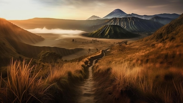 A mountain landscape with a path leading to the top