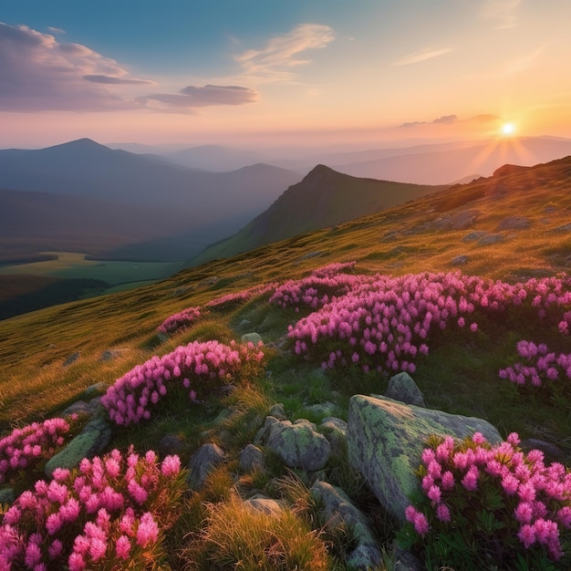 A mountain landscape with pink flowers in the foreground and a mountain in the background.