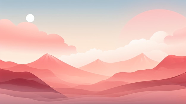 A mountain landscape with a pink sky and clouds