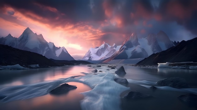 A mountain landscape with a pink sky and clouds