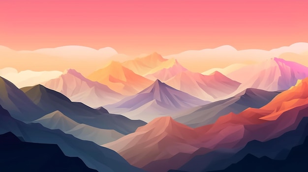 A mountain landscape with a pink sky and a purple sky.