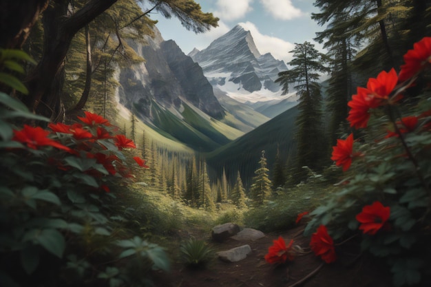 Mountain landscape with red flowers in the foreground Horizontal generative ai