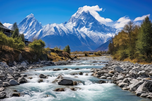 写真 ヒマラヤの川と青い空の山の風景 ネパール 白水川 玉龍雪山の白水川 中国雲南省のユーロン山 aiが生成