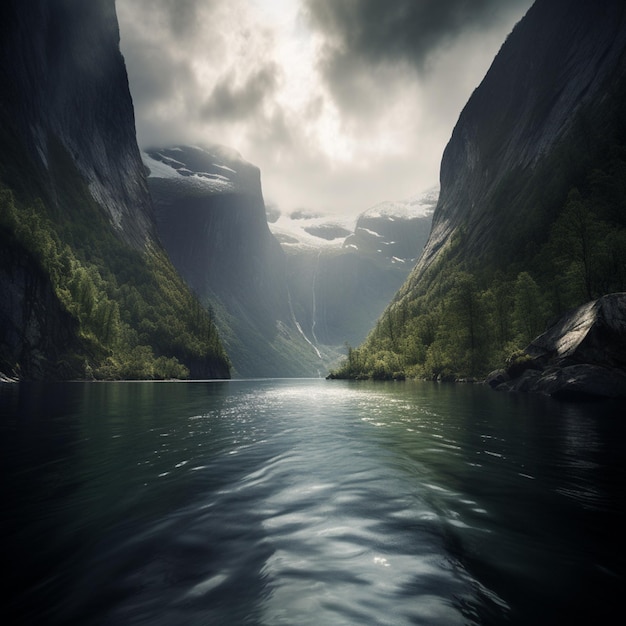 A mountain landscape with a river and a cloudy sky.