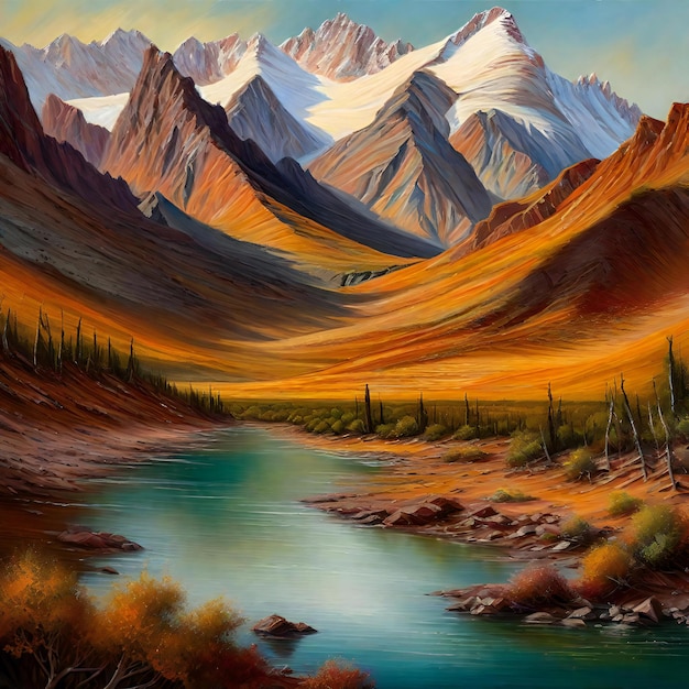 Photo mountain landscape with a river in the foreground digital painting