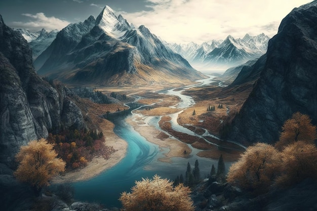 A mountain landscape with a river and mountains in the background