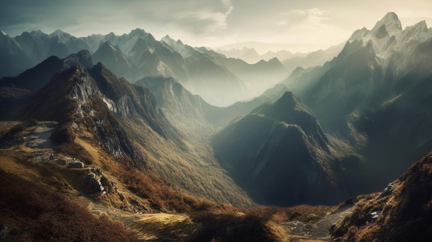 A mountain landscape with a river and mountains in the background