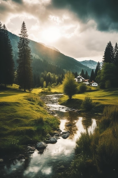 A mountain landscape with a river and mountains in the background