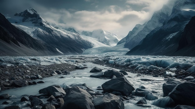 A mountain landscape with a river and mountains in the background