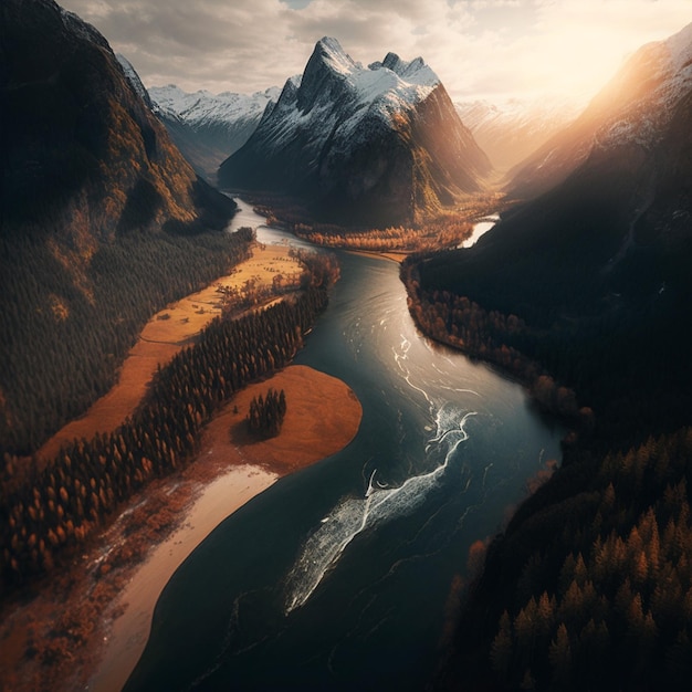 Foto un paesaggio montano con un fiume e montagne sullo sfondo.