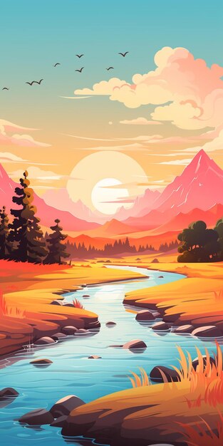 Mountain landscape with a river and mountains vector art illustration