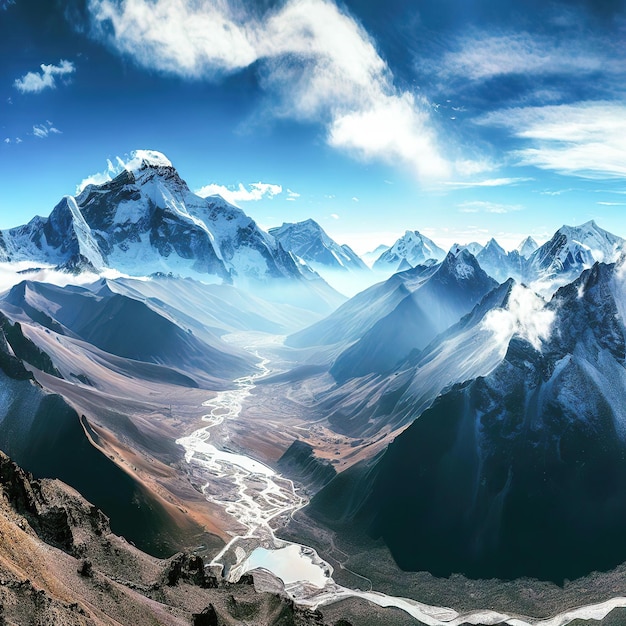 A mountain landscape with a river running through it