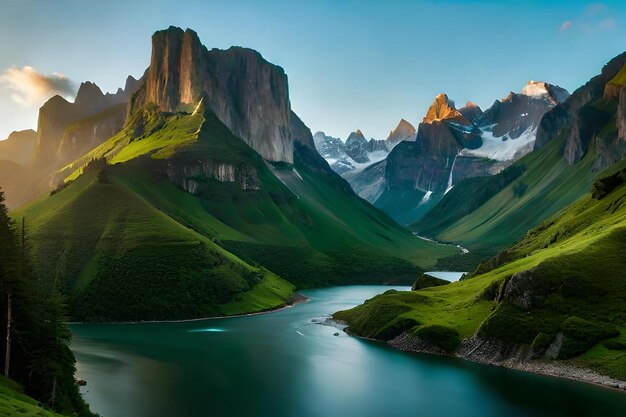 Premium Photo | A mountain landscape with a river running through it