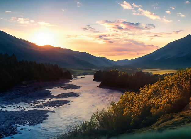 Mountain landscape with river and sunset sky