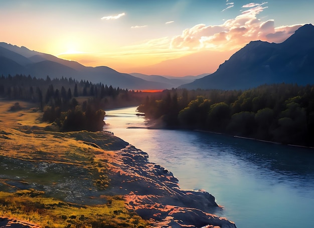 Mountain landscape with river and sunset sky