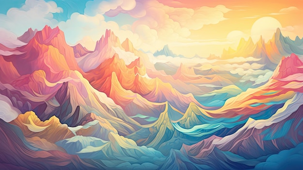 Mountain landscape with river and sunset Vector illustration