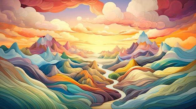Mountain landscape with river and sunset Vector illustration