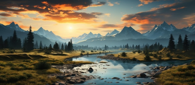 Mountain landscape with a river at sunset