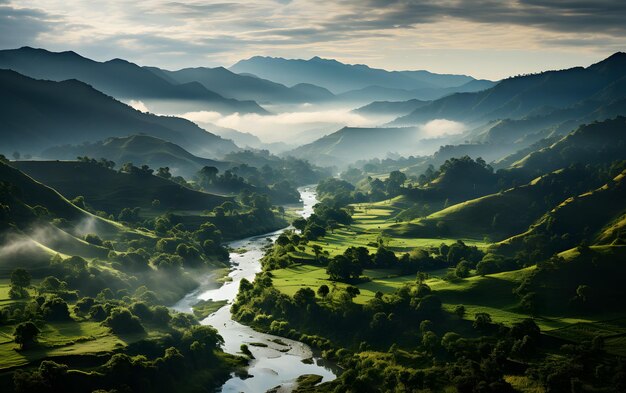 Mountain landscape with river and valley in the morning