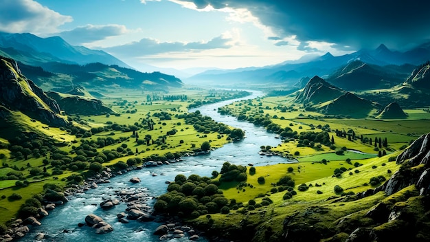 Mountain landscape with river winding through the valley Environment concept