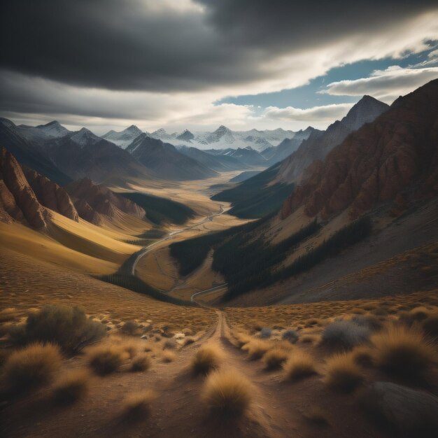 A mountain landscape with a road going through it