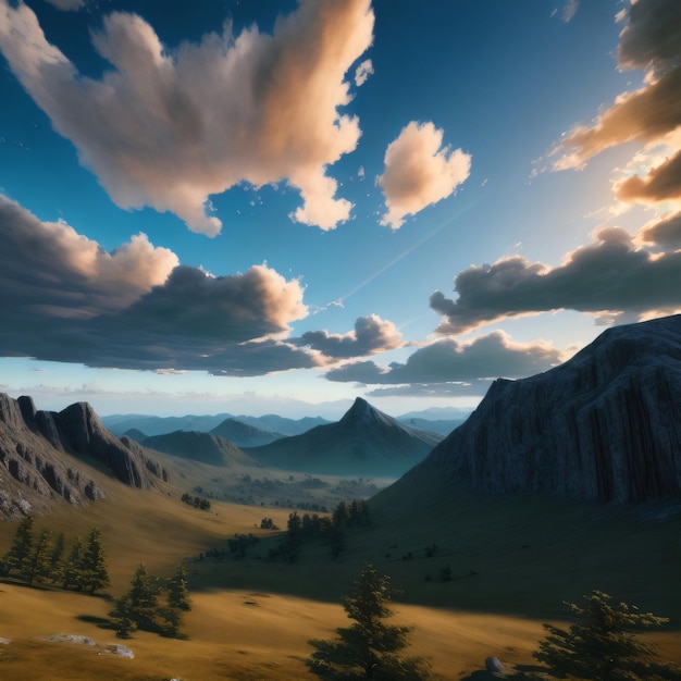 A mountain landscape with a sky that has clouds and mountains in it