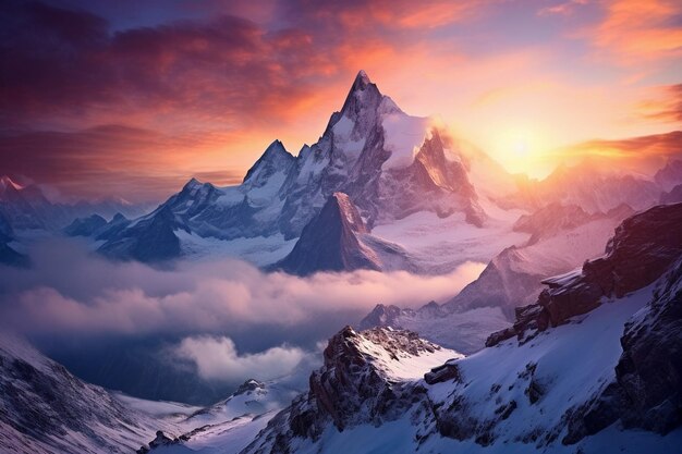 Mountain landscape with snowcapped peaks at sunrise