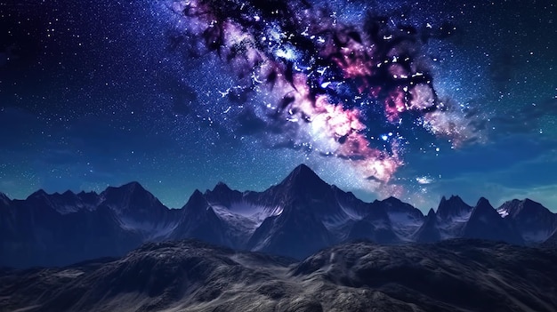 A mountain landscape with a starry sky and a starry sky