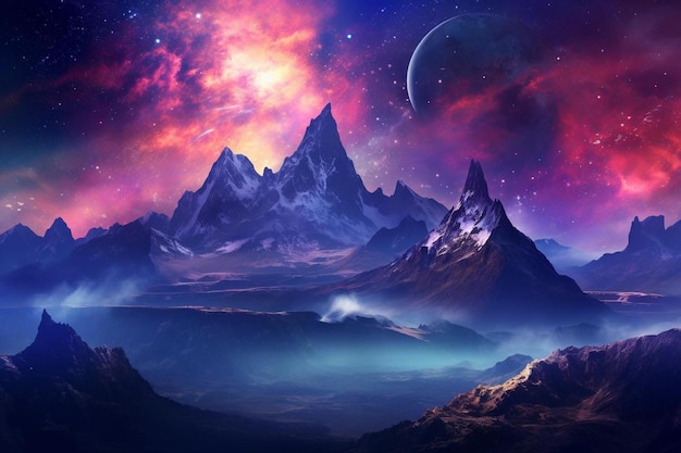 a mountain landscape with a starry sky and stars.