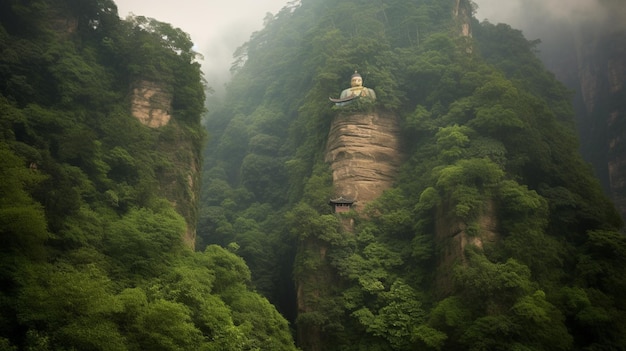 A mountain landscape with a statue of buddha in the middle of the forest.