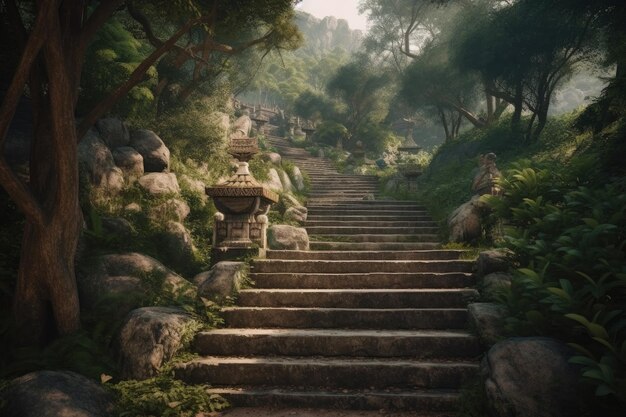 Mountain landscape with stone stairs Chinese temple on top forest Generative AI