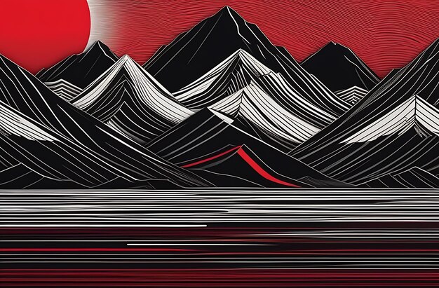 The mountain landscape with the sun is made with Japanesestyle lines black and red illustration on a
