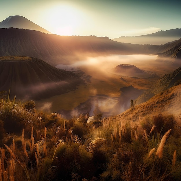 A mountain landscape with the sun setting behind it