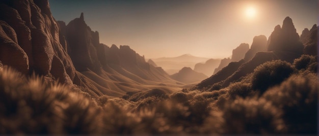 Foto un paesaggio di montagna con il sole che tramonta dietro di esso