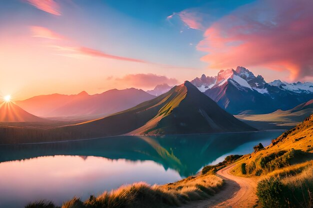 A mountain landscape with a sunset in the background