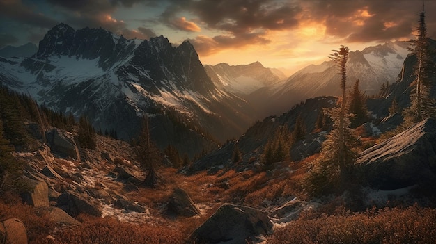 A mountain landscape with a sunset in the background