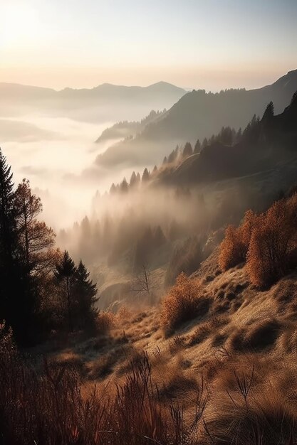 夕日を背景にした山の風景