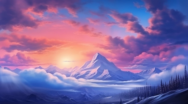 a mountain landscape with a sunset in the background