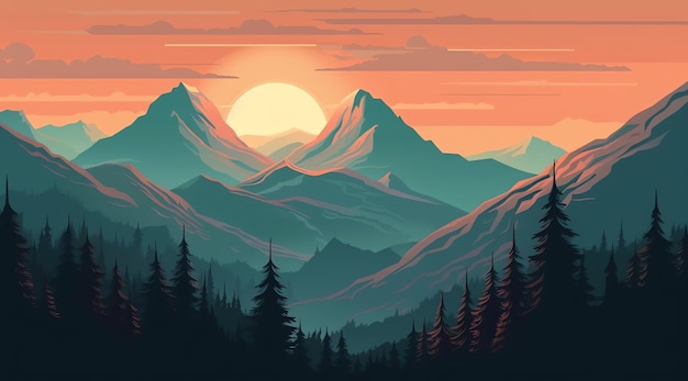 A mountain landscape with a sunset in the background