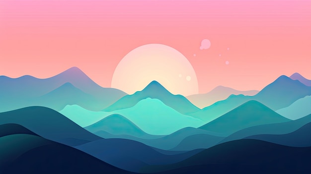 A mountain landscape with a sunset in the background.