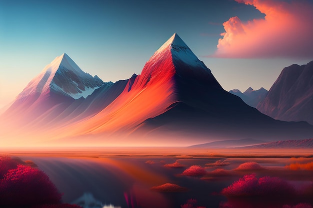 A mountain landscape with a sunset and a blue sky