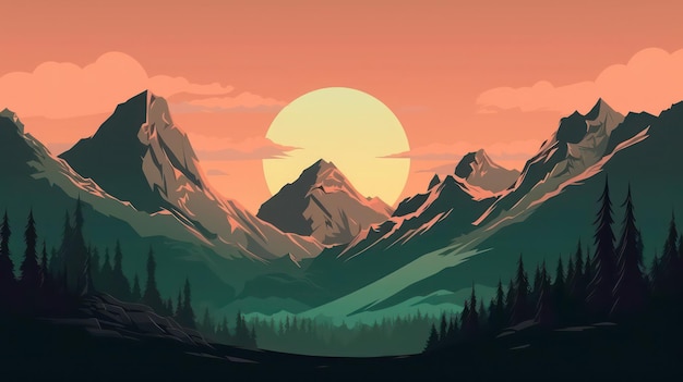 A mountain landscape with a sunset and a large sun