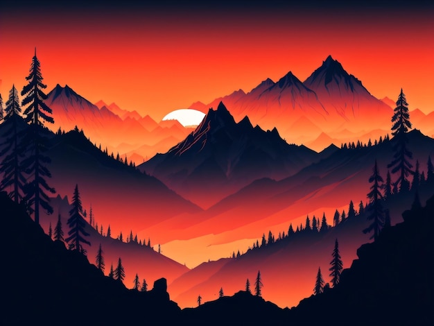 A mountain landscape with a sunset and the moon in the background.