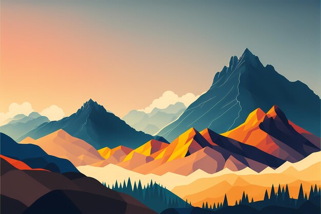 A mountain landscape with a sunset and a mountain landscape.