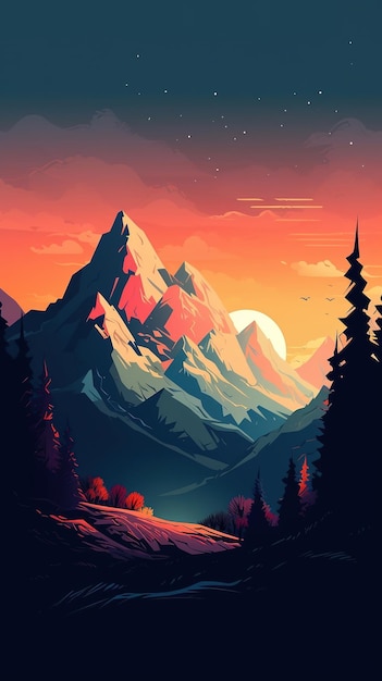 A mountain landscape with a sunset and a mountain.