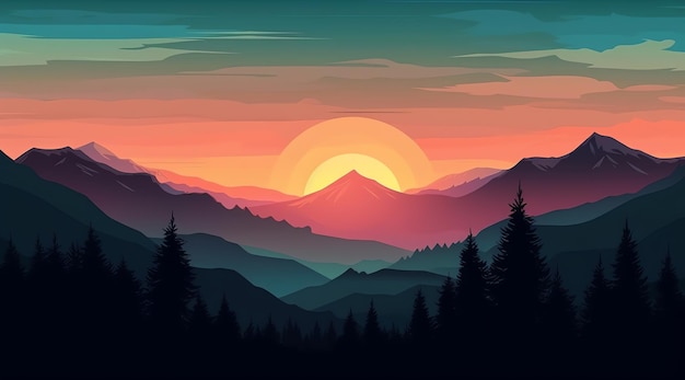 Горный пейзаж с закатом и горой