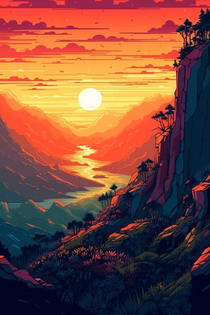 A mountain landscape with a sunset and a mountain