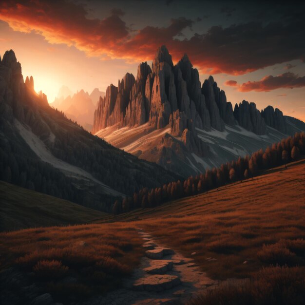 Foto un paesaggio di montagna con un tramonto e montagne sullo sfondo.