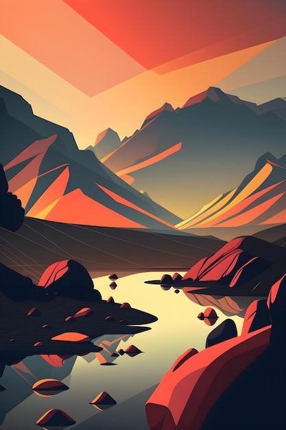 A mountain landscape with a sunset and mountains in the background.