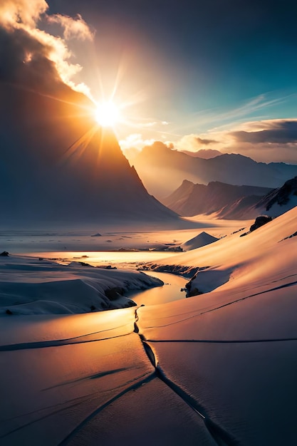 A mountain landscape with a sunset and a snow covered mountain